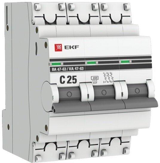 Автоматический выключатель Ekf 3п C 25А 4.5кА ВА 47-63 PROxima, mcb4763-3-25C-pro
