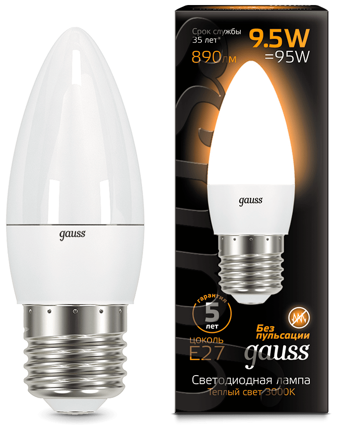 Gauss Лампа Свеча 9.5W 890lm 3000К E27 LED