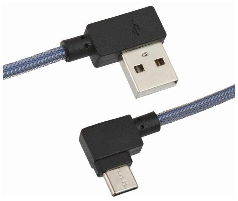 USB кабель "LP" Type-C Г-коннектор оплетка леска (синий/блистер)