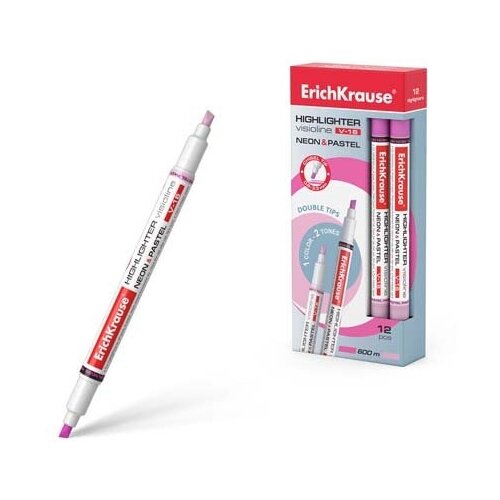 Маркер выделитель ErichKrause Visioline V-16 Neon+Pastel Розовый двусторонний, в к/кор 56017 (12/144 маркер erich krause 2 шт highlighter visioline v 15 розовый и желтый цвета