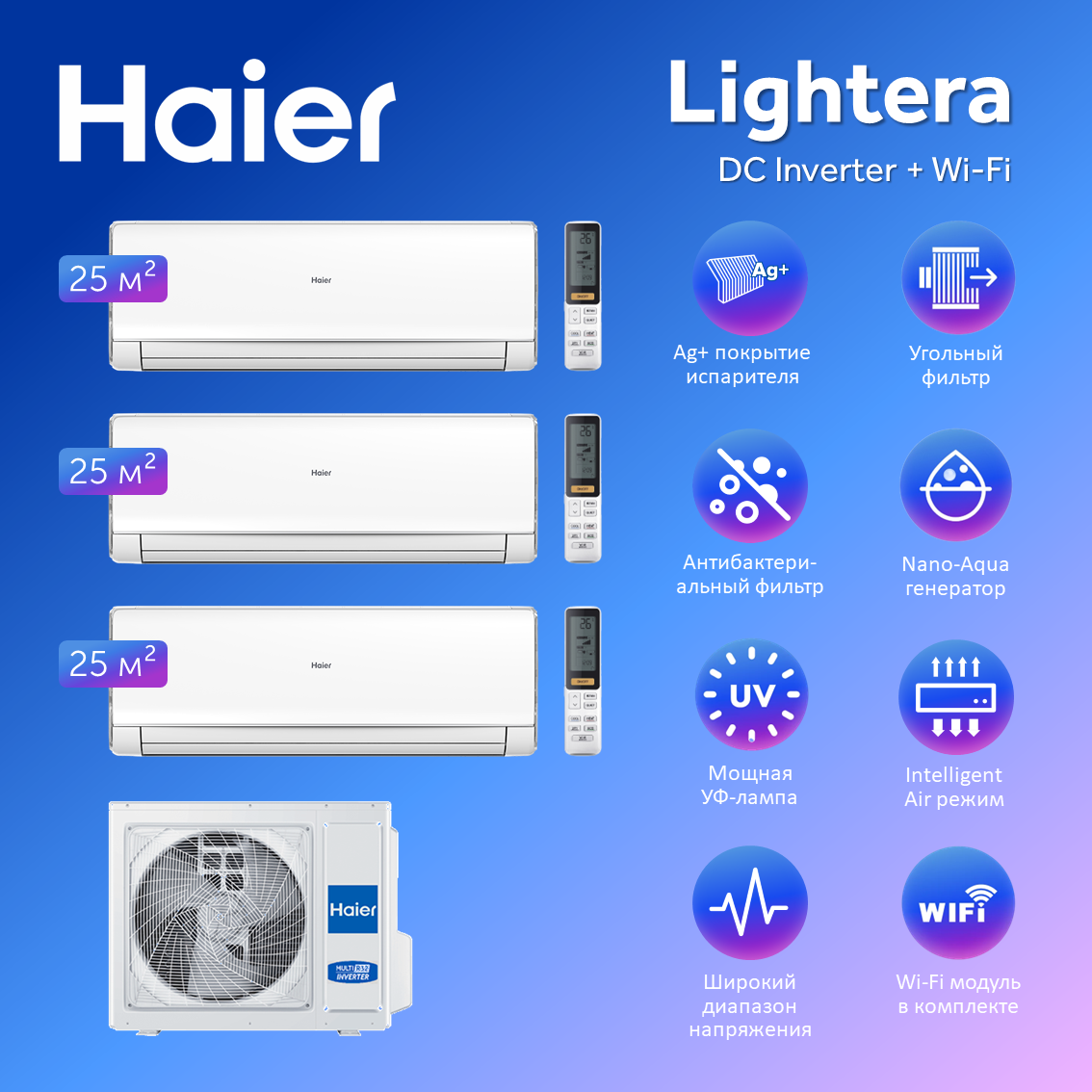Мульти сплит система на 3 комнаты Haier Lightera Super Match AS09NS6ERA-Wх3/3U70S2SR5FA с Wi-Fi