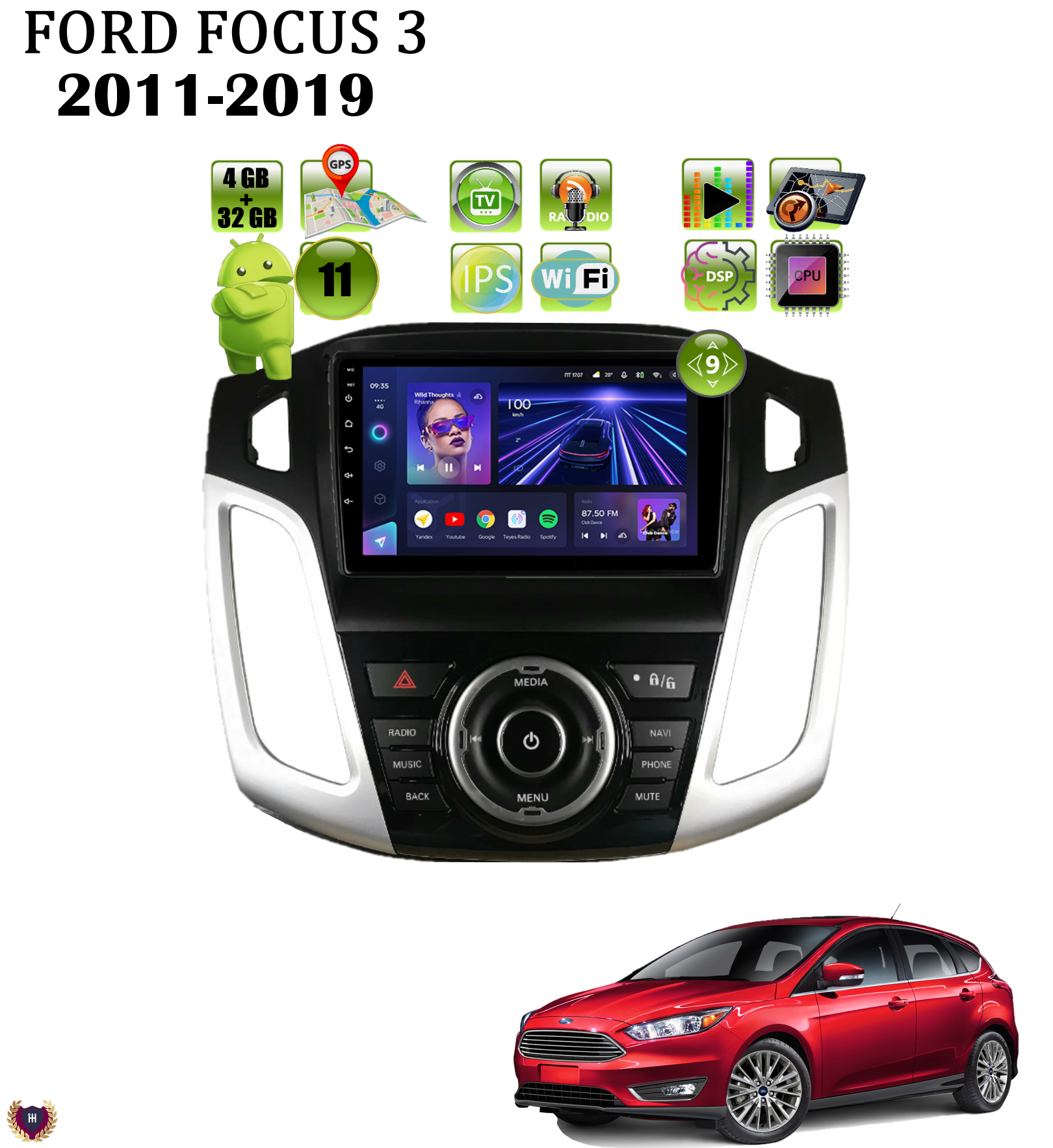 Автомагнитола для Ford Focus 3 (2011-2019), Android 11, 4/32Gb, Wi-Fi, GPS, IPS экран, сенсорные кнопки, Bluetooth, поддержание кнопок на руле