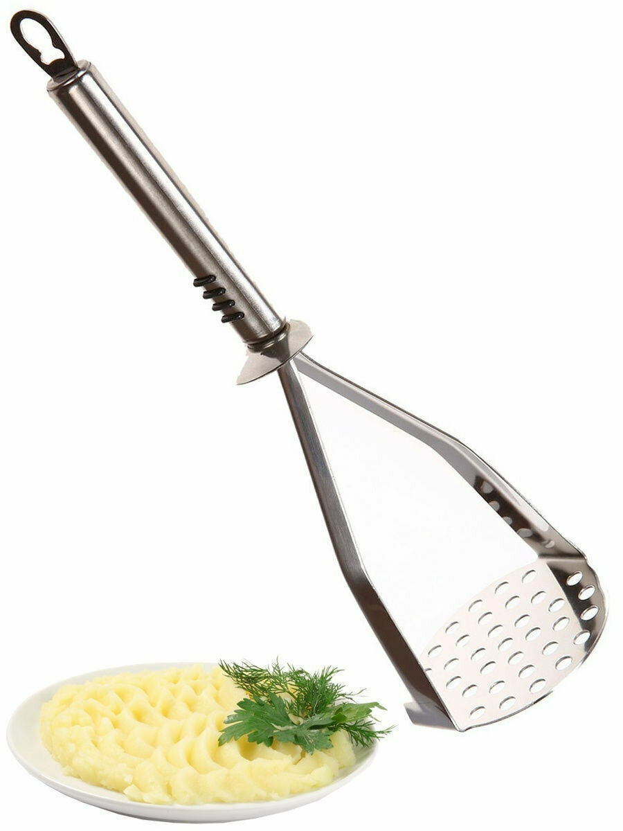 фото Картофелемялка металлическая, овальная с металлической ручкой