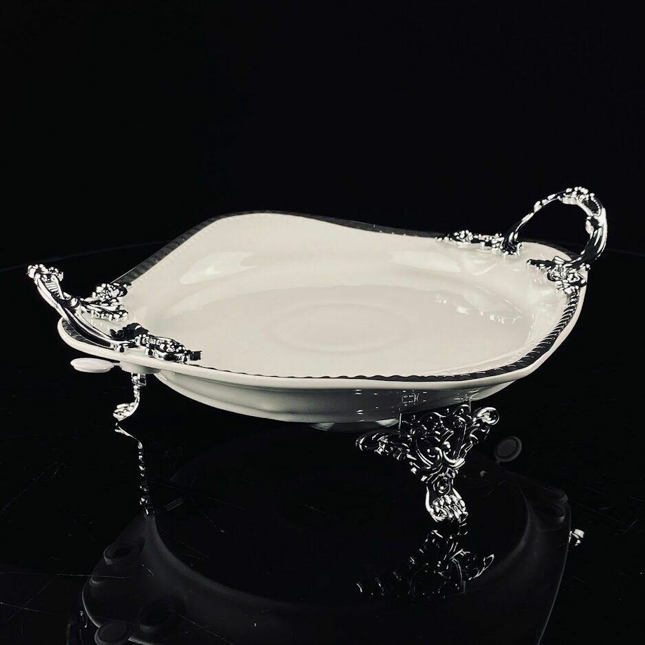 Блюдо на ножках с ручками Lenardi Atlantis 28см, фарфор