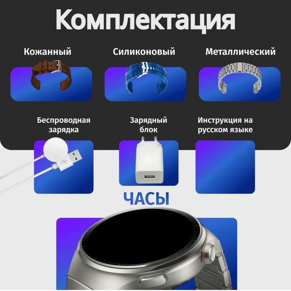 Смарт часы мужские, умные часы наручные электронные, металлический браслет для часов, 3 вида ремешка, беспроводная зарядка, bluetooth, круглые, серый — фото 1