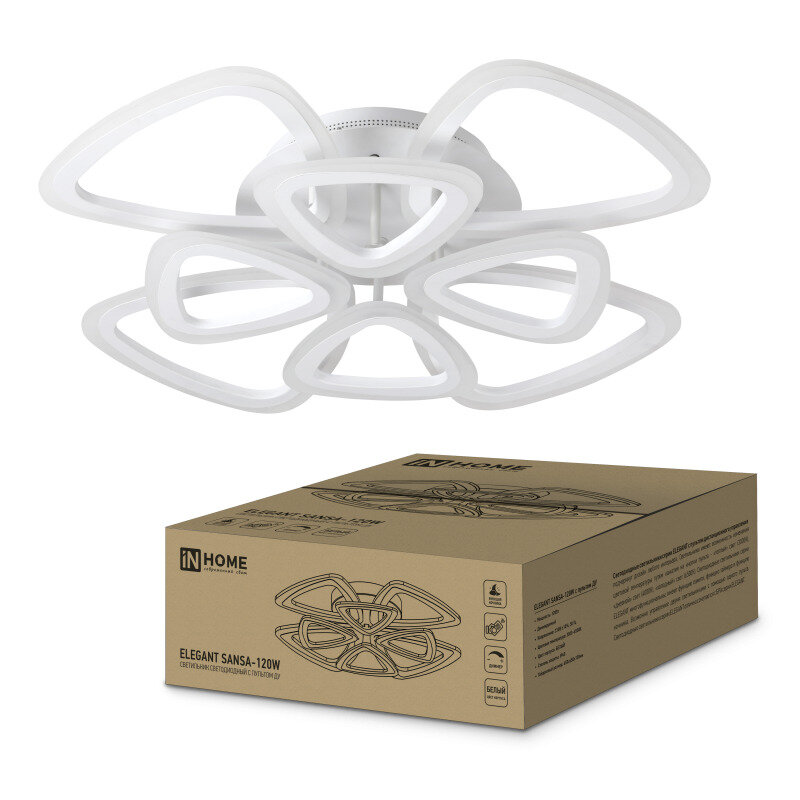 Светильник светодиодный с пультлм ДУ ELEGANT SANSA 120Вт, 230В, 3000-4000-6500K, 8400Лм, 650х650х130мм, белый, IN HOME