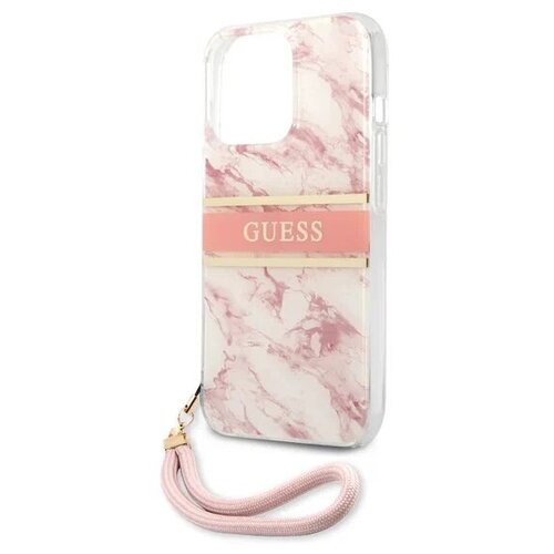 фото Guess для iphone 13 pro max чехол pc/tpu marble hard +nylon hand cord pink