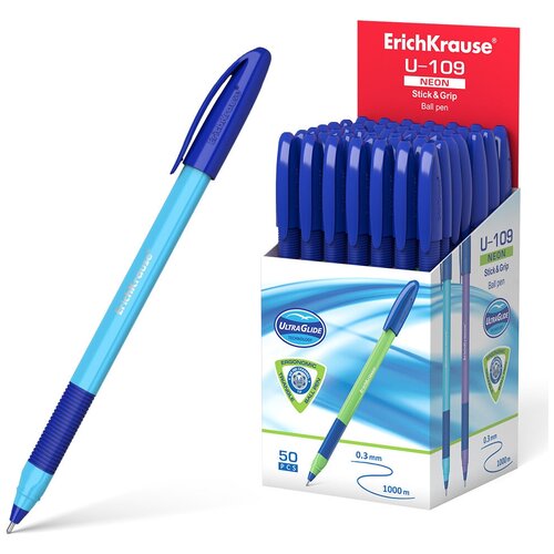 Ручка шариковая ErichKrause U-109 Neon Stick&Grip 1.0, Ultra Glide Technology, цвет чернил синий (в коробке по 50 шт.)