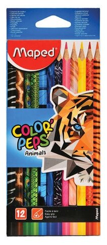 Maped Карандаши цветные MAPED (Франция) "Color'Peps Animals", 12 цветов, трехгранные, заточенные, европодвес, 832212 (6 штук)