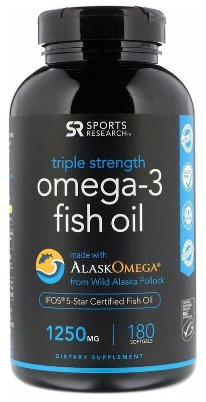 Sports Research Omega-3 Fish Oil Triple Strength (1250 мг) 180 гелевых капсул