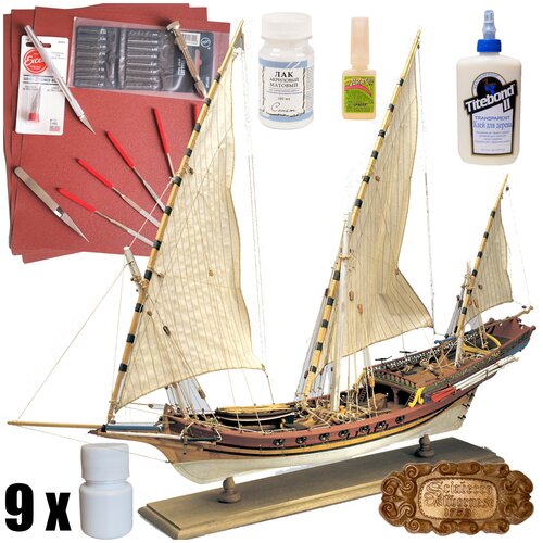 Модель парусного корабля Xebec от Amati (Италия), М. 1:60, подарочный набор для сборки + основание, инструменты, краски и клей