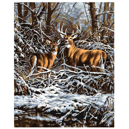 Картина по номерам, Живопись по номерам, 100 x 125, A357, два оленя, природа, лес, зима, снег картина по номерам живопись по номерам 100 x 125 a448 коты зима снег снеговик веселье