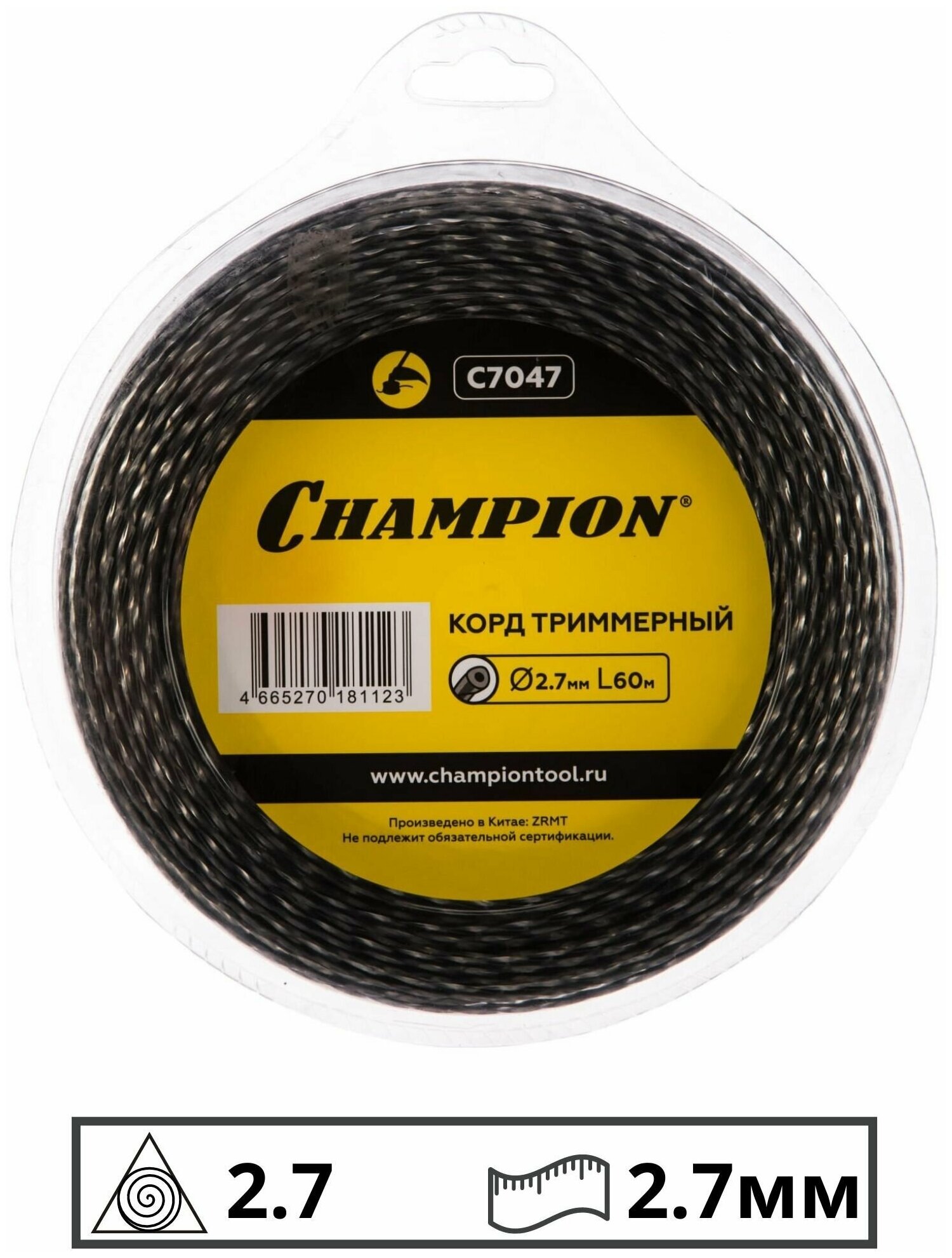 Корд триммерный CHAMPION Tri-twist (2.7мм, 60м, витой треугольник) + нож C7047, леска триммерная - фотография № 4