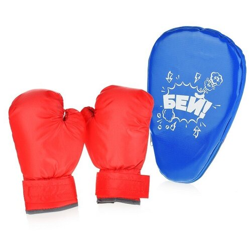 фото Набор для бокса: лапа боксерская 27х18,5*4 см. с перчатками. синий+красный с рисунком "бей". belon