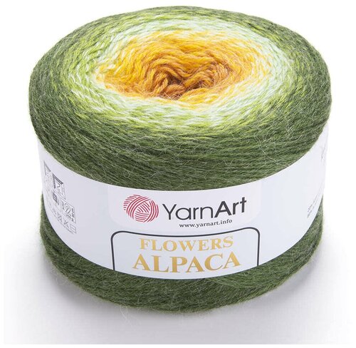 Пряжа YarnArt Flowers Alpaca (ЯрнАрт Фловерс Альпака) 1 моток цвет 438 Темно-зелёный, Зелёный, Белый, Желтый, 20% альпака, 80% акрил, 250г, 940м