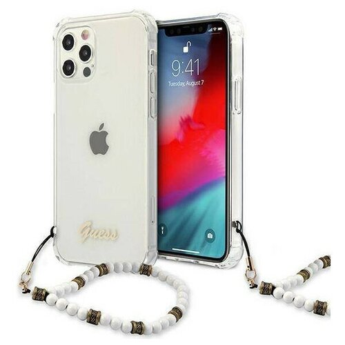 фото Чехол cg mobile guess pc/tpu script hard + pearl strap для iphone 12/12 pro, цвет прозрачный/белый ремень (guhcp12mkpswh)