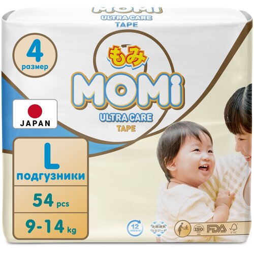 Momi ULTRA CARE японские подгузники детские 9-14 кг, размер 4 L, 54 шт
