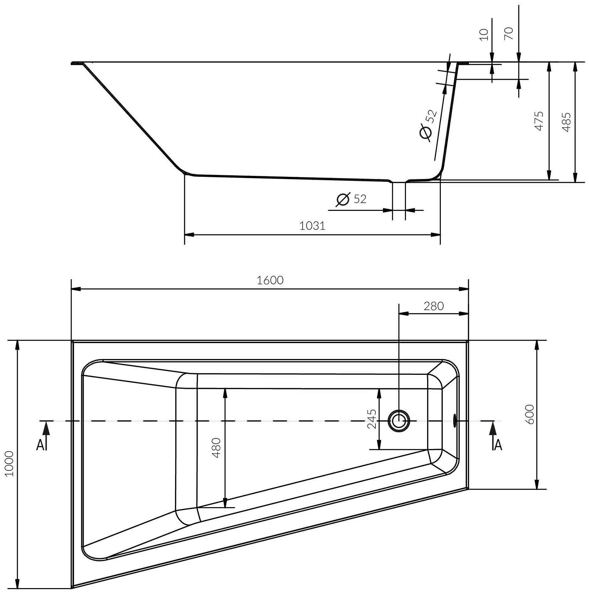 Ванна Cersanit CREA 160x100, акрил, угловая, глянцевое покрытие, белый