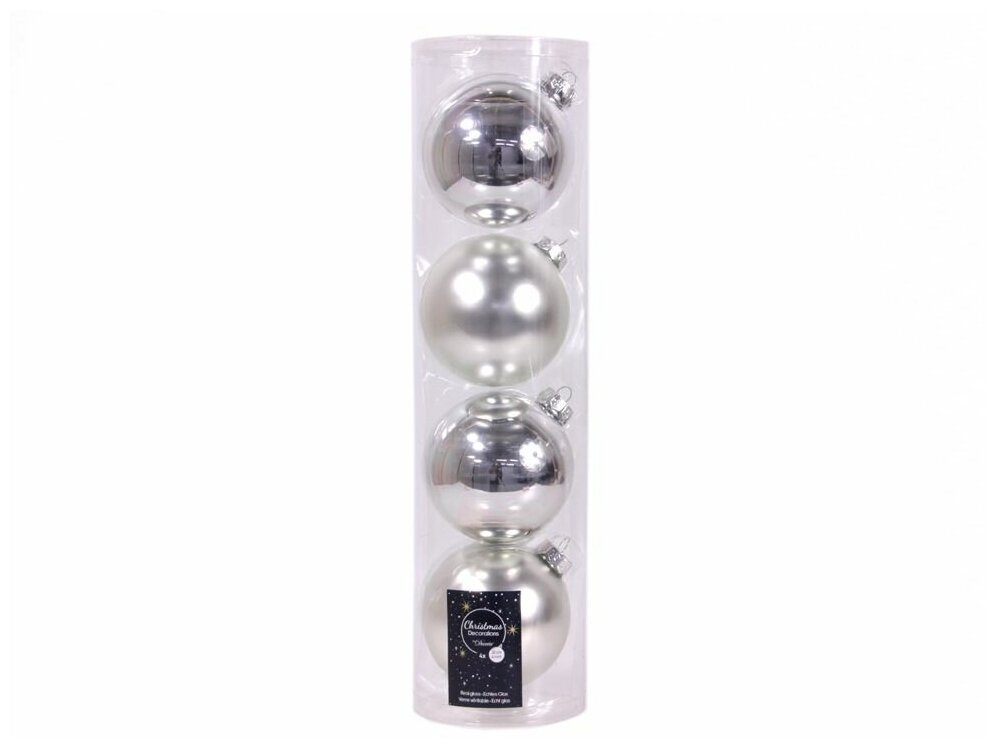 Набор стеклянных шаров матовых и глянцевых, цвет: серебряный, 100 мм, 4 шт, Kaemingk 141501