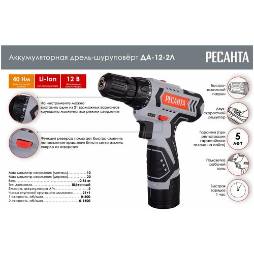 Дрель-шуруповерт аккумуляторная ДА-12-2Л Ресанта В подарок 319000₽