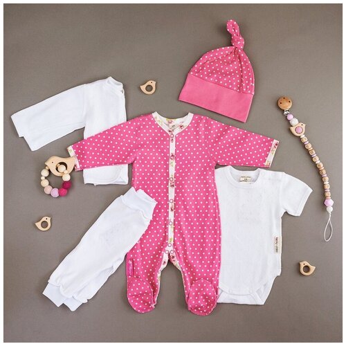 фото Комплект одежды lucky child для девочек, боди и кофта и шапка и комбинезон и брюки, повседневный стиль, подарочная упаковка, размер 40/18 (56-62), розовый, белый