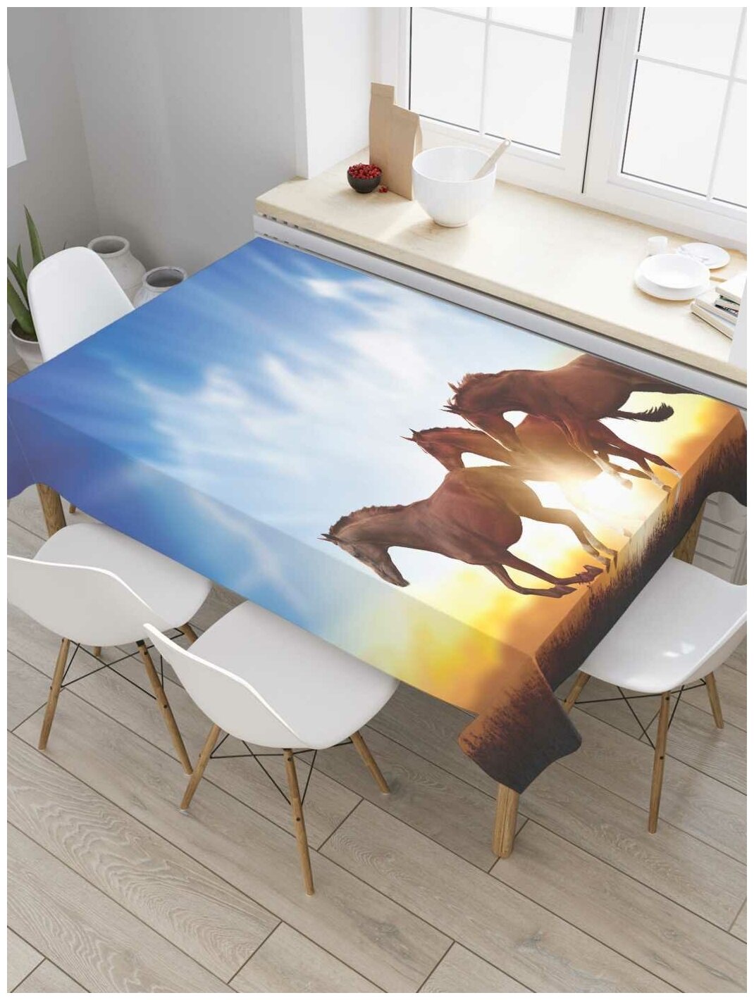 Скатерть прямоугольная JoyArty на кухонный стол "Лошадиные игры" из оксфорда, 180x145 см