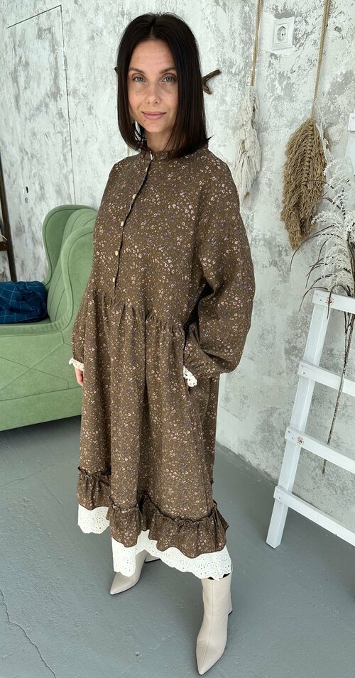 Платье хлопок, свободный силуэт, миди, карманы, размер 48/52, коричневый
