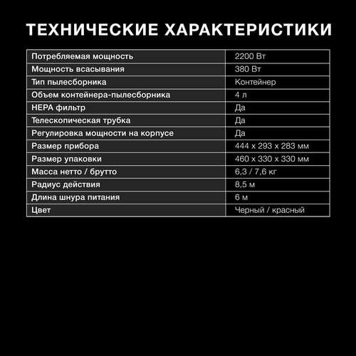 Пылесос Hyundai HYV-C2645 2200Вт, красный/черный, напольный — купить, цена, характеристики