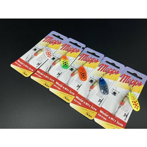 Набор из 5 блесен Mepps Aglia и Black Fury № 3 вертушек серебро, золото, медь и цветные для летней рыбалки на окунь, щуку, судак, голавль, берш