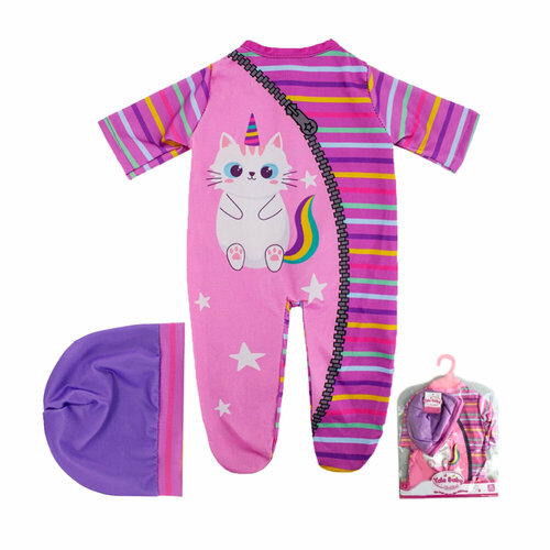 Одежда для куклы пупса ростом 38 - 42 см розовый комбинезон слип с кошкой единорогом и шапочка 527₽