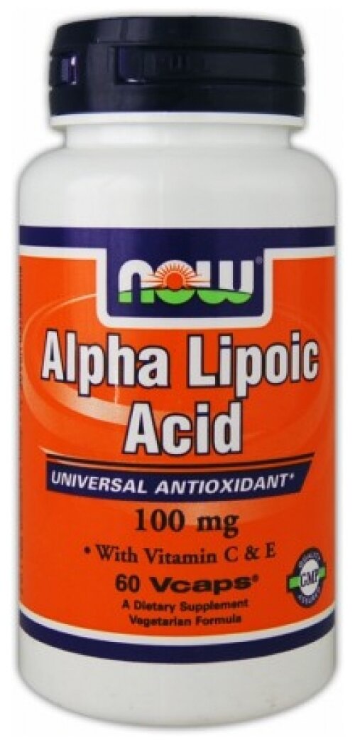 Изображение БАД, NOW Foods, Альфа-липоевая кислота, 100 мг, 60 растительных капсул
