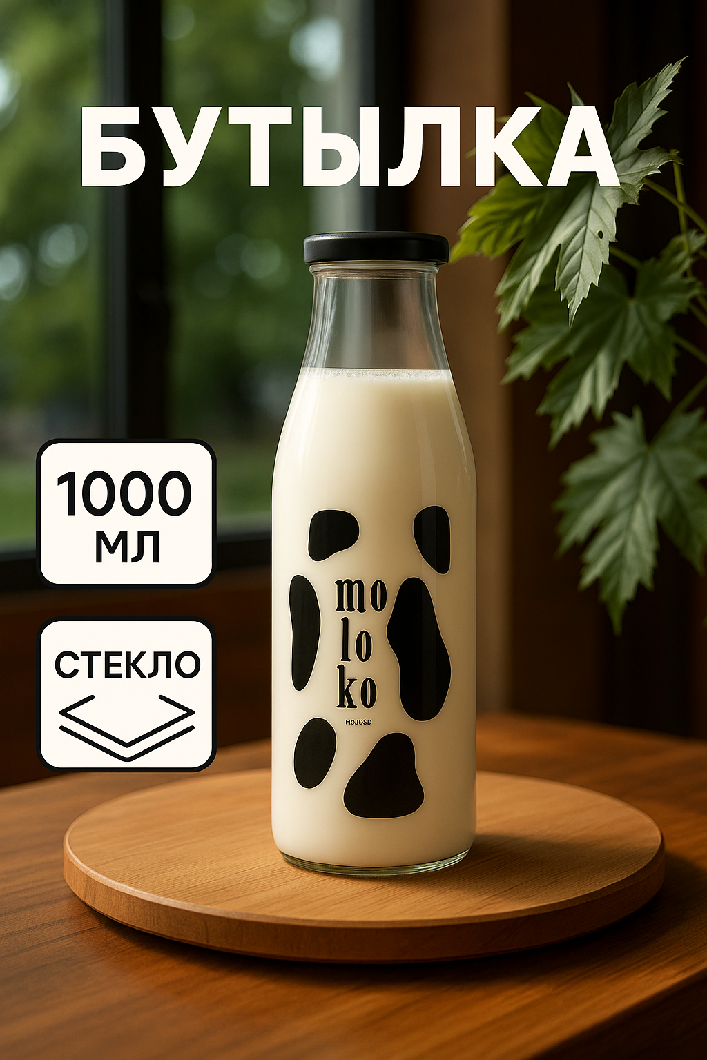 Бутылка стеклянная для молока, 1000 мл, состав: металл, стекло, цвет: прозрачный, чёрный