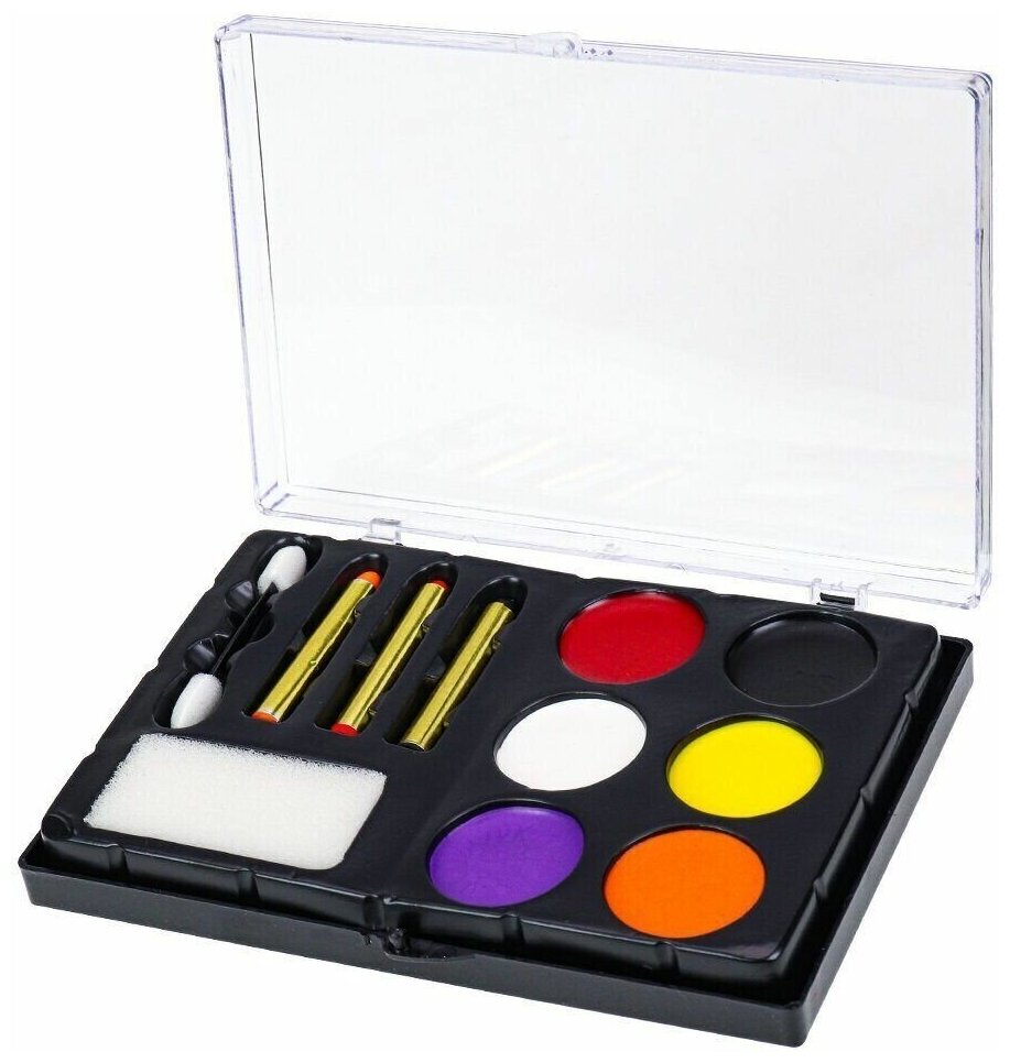 Краски для грима 6 цветов, аппликатор, спонж, карандаши 3 штуки
