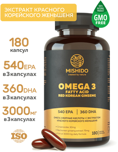 Фото Омега 3 с красным корейским женьшенем MISHIDO, рыбий жир 1000 мг (3000мг) Omega 3, витамины для взрослых, комплекс для иммунитета, сердца и сосудов, репродуктивных функций женщин, мужчин