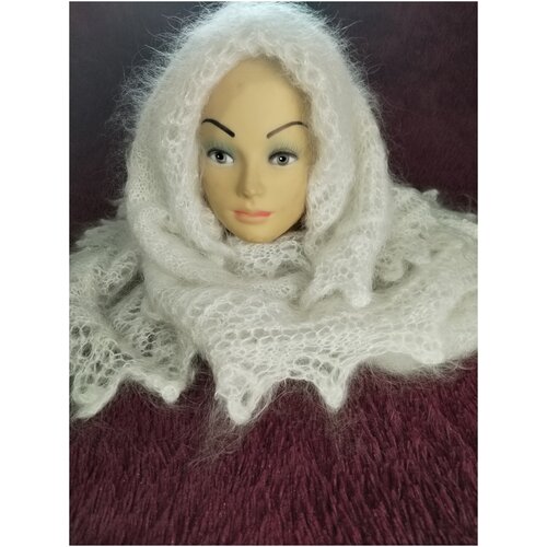 Шаль из козьего пуха Русские мотивы / Пуховый платок/палантин/Пуховая шаль/белый/русское кружево