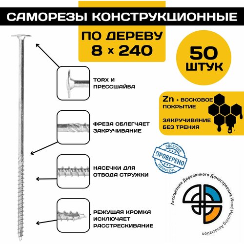 Саморез конструкционный по дереву 8*240 HIMTEX прессшайба, саморез по дереву