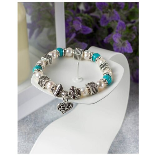 Летний Браслет с шармами Бирюза натуральный жемчуг на свадьбу на лето к платью подарок девушке женщине / Браслет с натуральными камнями
