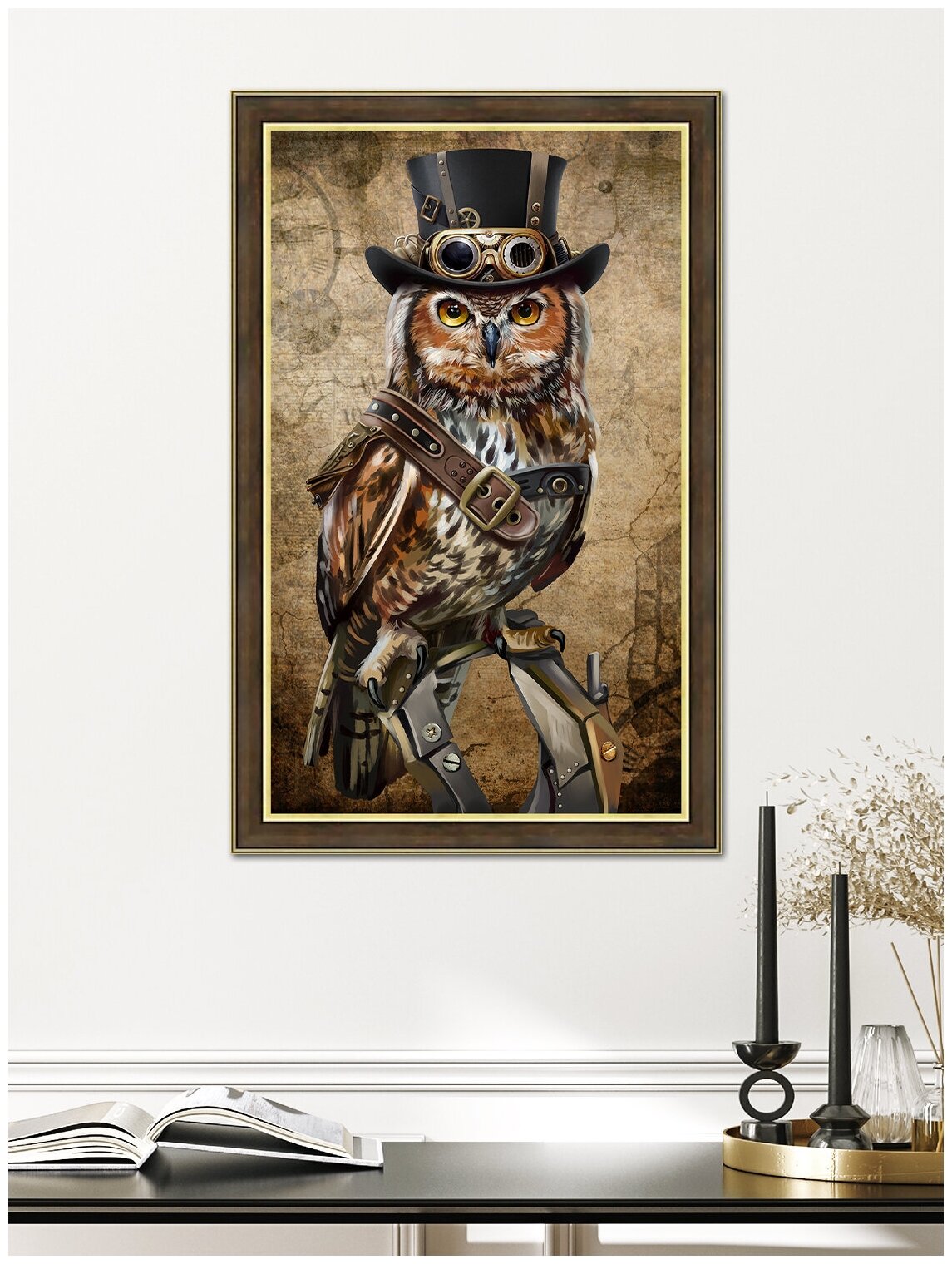 фото Картина на стену для интерьера "Кавалер", 30х50 см, вертикальная, в раме, в стиле стим-панк, с совой/Графис