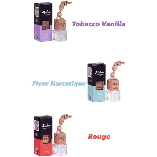 Melien, Набор из 3 ароматов для автомобиля и дома Tobacco Vanilla, Fleur Narcotique и Rouge.