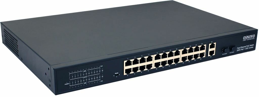 Коммутатор OSNOVO PoE 24 x 10/100 Base-T PoE, 2 x GE Combo Uplink (RJ45 + SFP), PoE на порт - до 30W, суммарно PoE до 385W