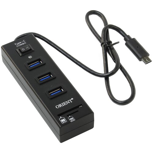 Концентратор USB 3.0 ORIENT JK-331, Type-C HUB 3 Ports + SD/microSD CardReader, выкл., черный, кабел