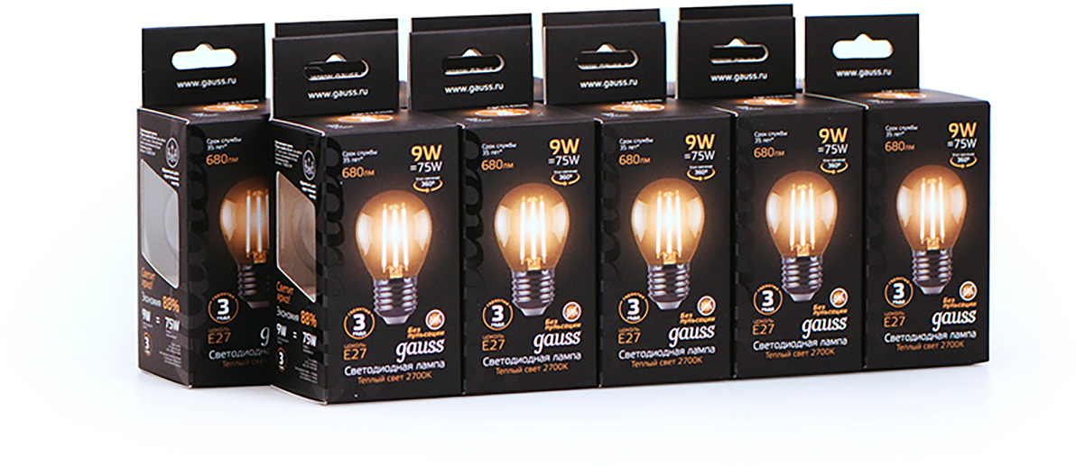 Лампочка светодиодная Е27 Шар 9W теплый свет 2700K упаковка 10 шт. Gauss Filament