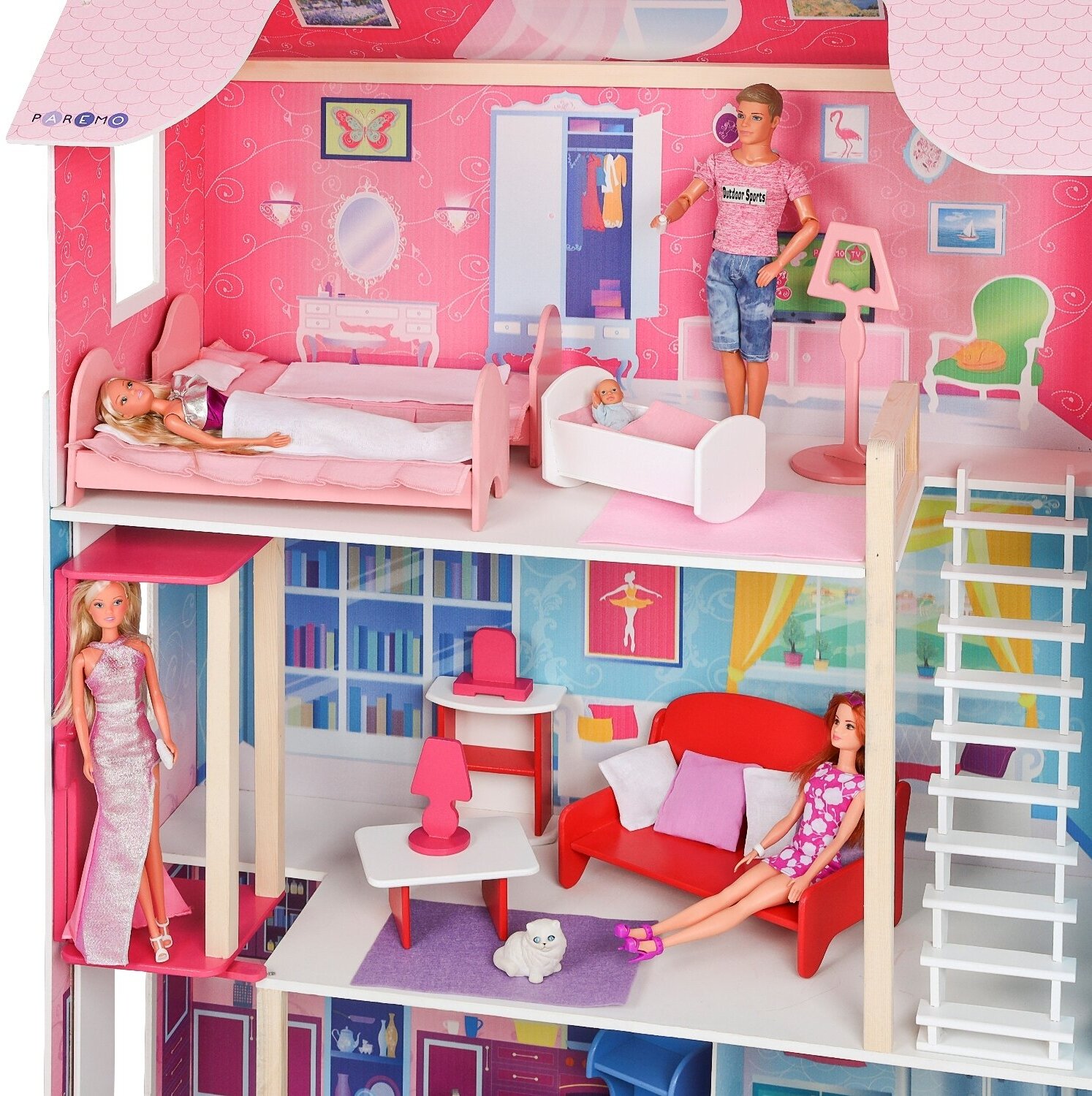 Деревянный дом кукольный Муза с мебелью,16 предметов в наборе и с качелями PD315-01