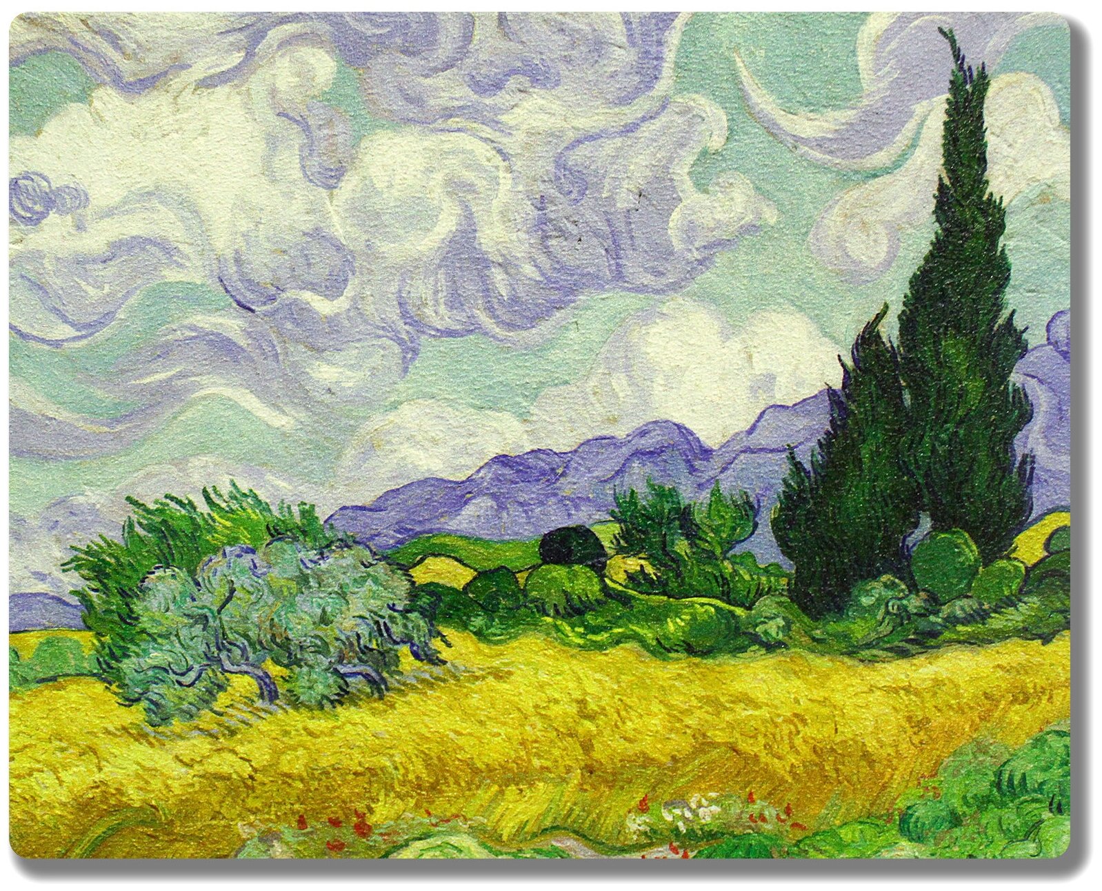 Репродукция картины Винсента Ван Гога "Пшеничное поле с кипарисами". Интерьерная фреска на доске. 30х24см