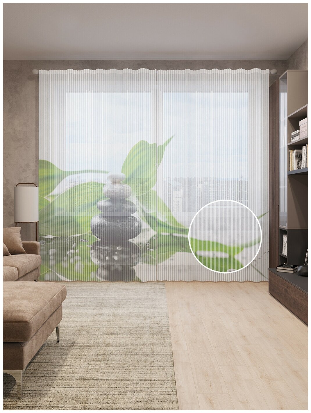 Тюль вуаль на шторной ленте с принтом "Мокрый лист" для гостиной, зала, кухни, спальни, детской, 310х265 см; Белый, зеленый