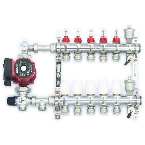 Комплект для тёплого пола на 5 контуров с насосом (Коллектор VR116-05AKN на 05 контуров, Насос циркуляционный , Евроконусы, Насосно-Смесительный узел VR204A) латунный коллектор для теплого пола 11 контуров с расходомерами 1x3 4 vieir