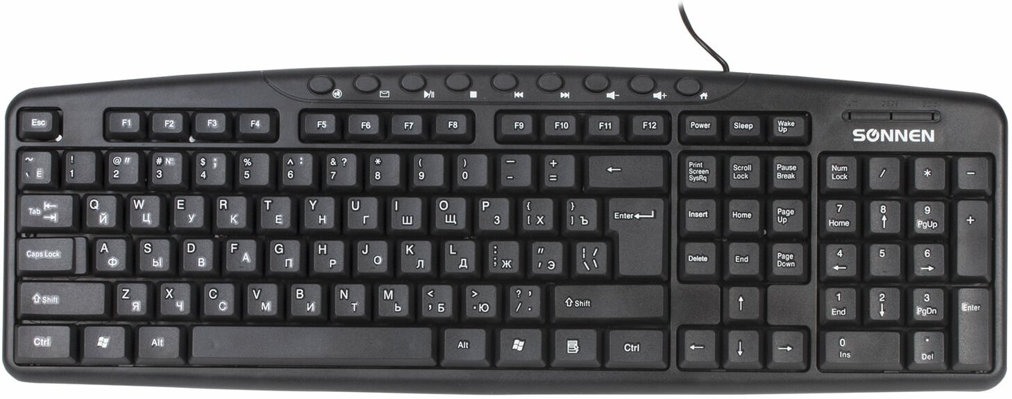 Клавиатура проводная SONNEN KB-8137, USB, 104 клавиши + 12 дополнительных, мультимедийная, черная, 512652