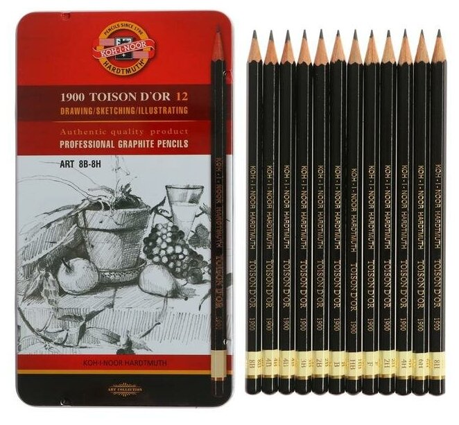 Koh-I-Noor Набор карандашей чернографитных разной твердости 12 штук Koh-I-Noor TOISON D`OR 1902 ART 8B-8H, металлический пенал