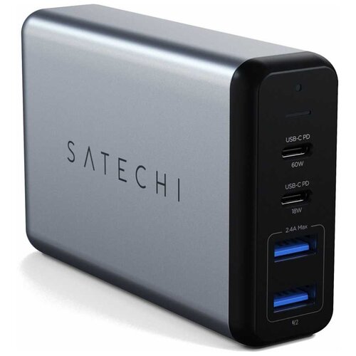 фото Сетевое зарядное устройство satechi 75w dual type-c travel charger, 2xusb, 2xusb type-c (pd), серебристый st-mc2tcam