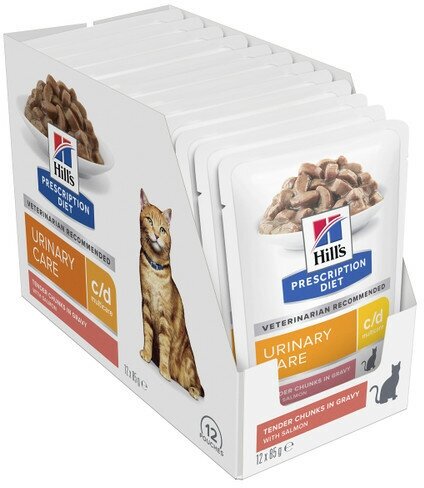Влажный корм для кошек Hill's Prescription Diet c/d Multicare, профилактика МКБ, кусочки в соусе, с лососем, упаковка 12 шт х 85 гр 605602 - фотография № 1